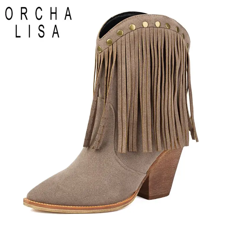 

ORCHA LISA 2025 Ковбойские сапоги в стиле вестерн с острым носком, 9,5 см, блочные каблуки, кисточки, флоковая замша, большой размер 41 42 43, модная обувь до середины икры