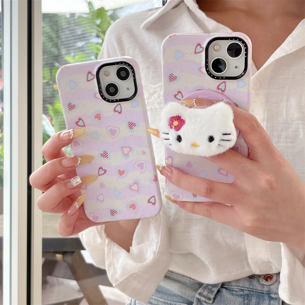 

Cute Lovely Anti-fall Case For iPhone 14 15 16 Pro Max Fundas fluffy plush HelloKitty Magnetic Holder kawayii Cartoon Phone Case