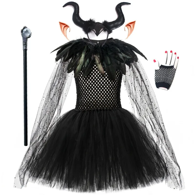 Dark‑Style Witch Dress for Little Girls, Gorgeous Outfit for Halloween‑Themed Parties, Stage Performances and Evening Events
