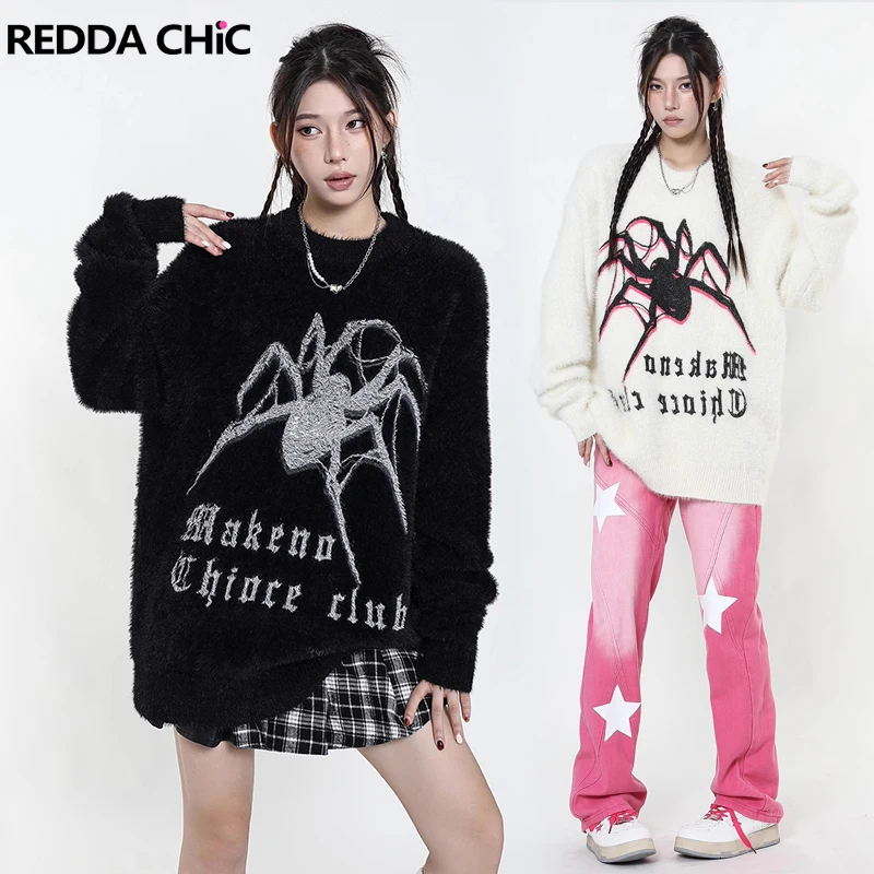 

ReddaChic Women Goth Punk Spider Knitted Jumper O-neck Long Sleeves Embroidery Mohair Sweater Casual Pullover Y2k Emo Streetwear