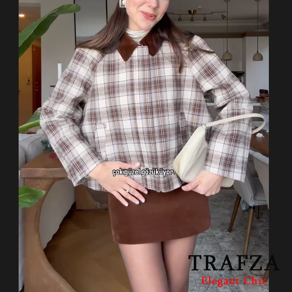 TRAFZA-Women Elegant Plaid Cape Jacket Lapel Zipper Pocket Jacket Coat New 2025 Fashion Spring Fall Date Preppy Prairie Y2k Coat