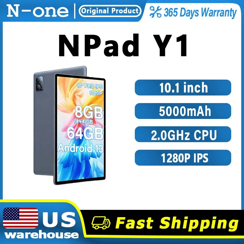 10.1 Inch Black Tablet PC NPad Y1 Quad-Core Rockchip 3562 Android 13 8GB RAM 64GB ROM HD IPS Touchscreen 5000mAh Dual Camera Type-C WiFi BT5.0 US Local Warehouse