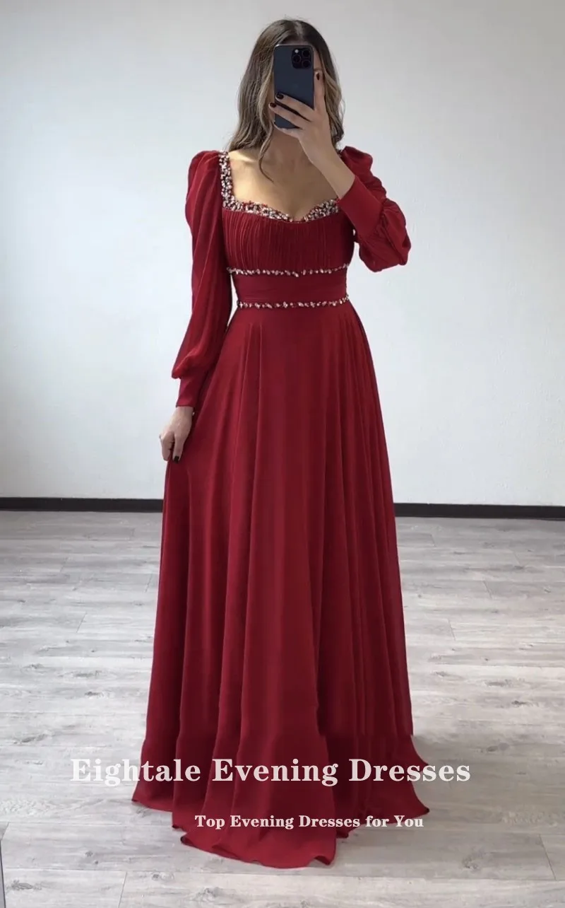 Eightale Burgundy Evening Dresses Sweetheart Beaded Long Sleeves Arabic Chiffon Prom Gown for Wedding Party robe soiree