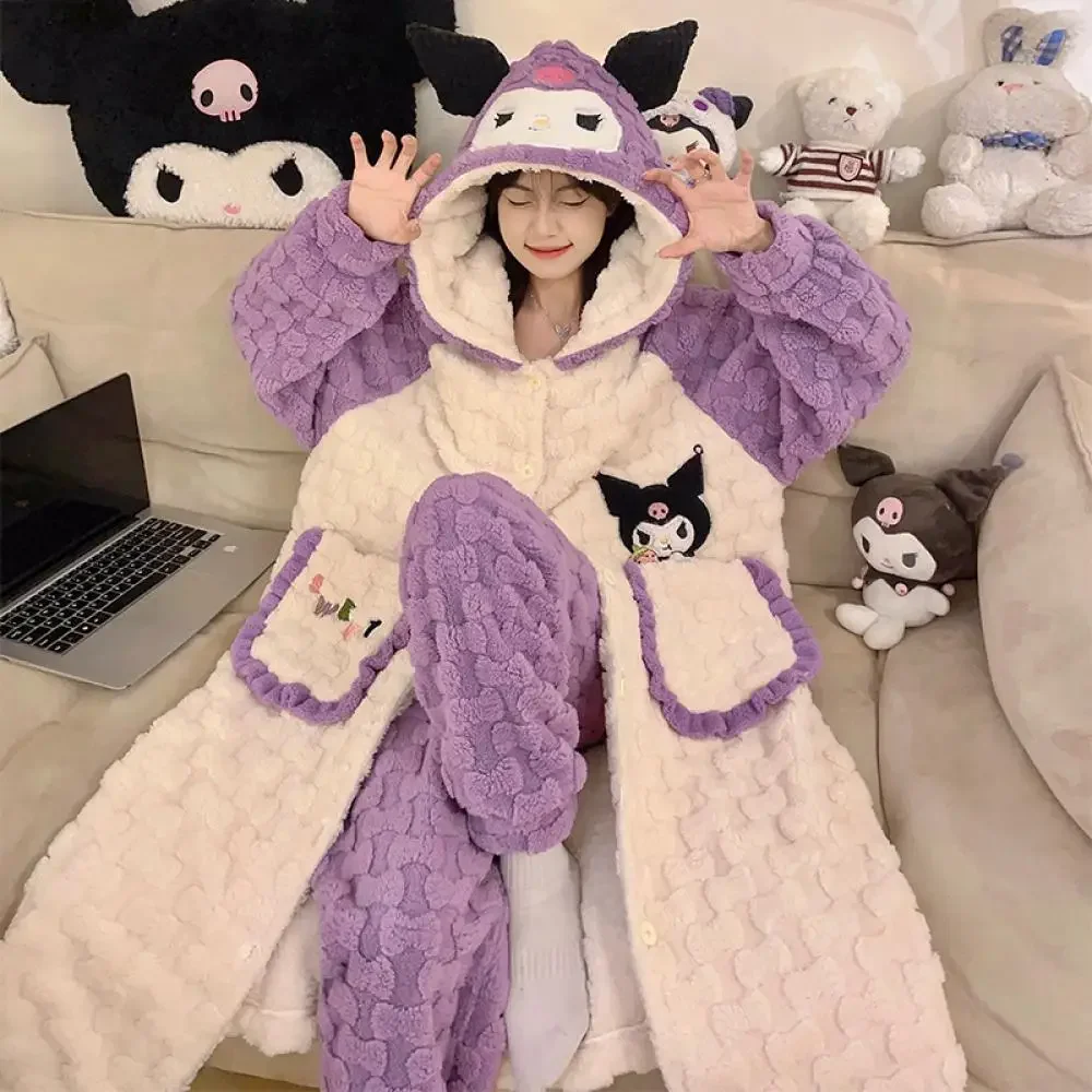 Kawaii Hello Kitty Kuromi Cinnamoroll 2Pcs Women's Plush Pajamas Robe Set Sanrioed Winter Cartoon Hooded Thickened Homewear Soft