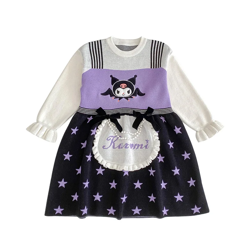 حار سانريو كورومي فستان محبوك Kawaii الخريف والشتاء الكرتون موضة طالب ملابس الأطفال غير رسمية لوليتا كاذبة قطعتين #6