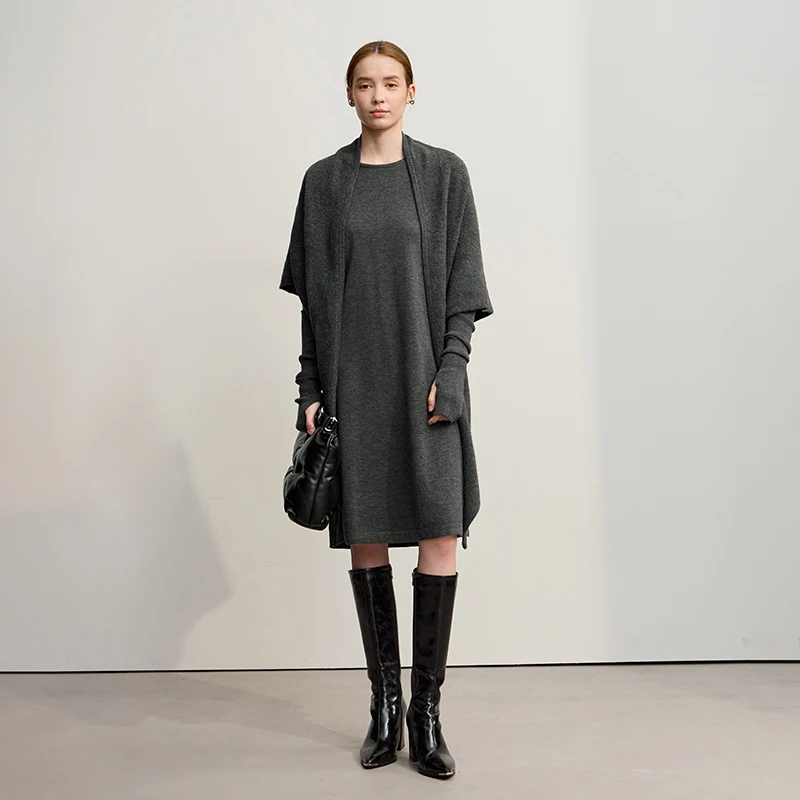 Amii Womens Dresses 2025 Winter New Minimalist Round Neck Loose Elastic Short Sleeves Knitted Wool Dresses For Woman 12544053