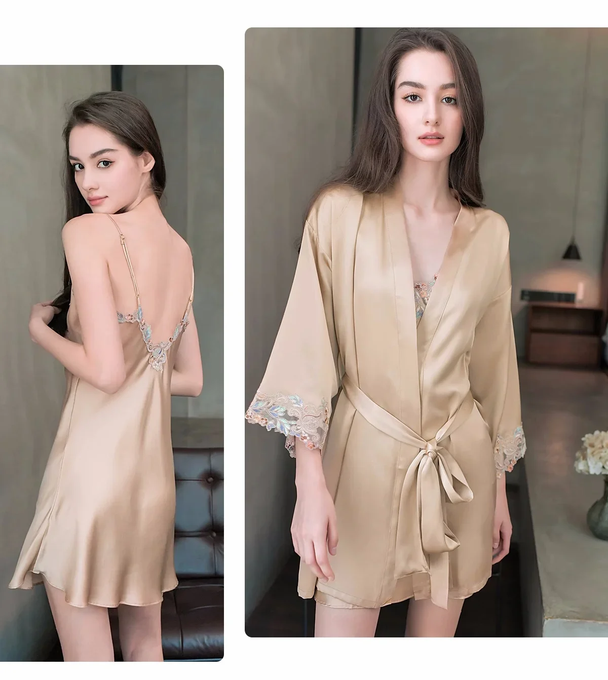 Long Sleeve Silk 2-Piece Robe With Nighgown Set Embroidery Lace Nightwear Women 100% Mulberry Silk Pajamas Crepe Satin Robes