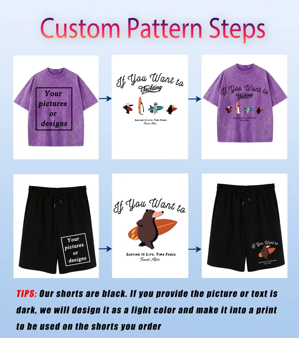 Personalization Customize Washed T-Shirts Shorts Set Summer Mens Cotton Tops DIY Clothes Oversized Soft O-Neck Tees Pocket Pants view 4
