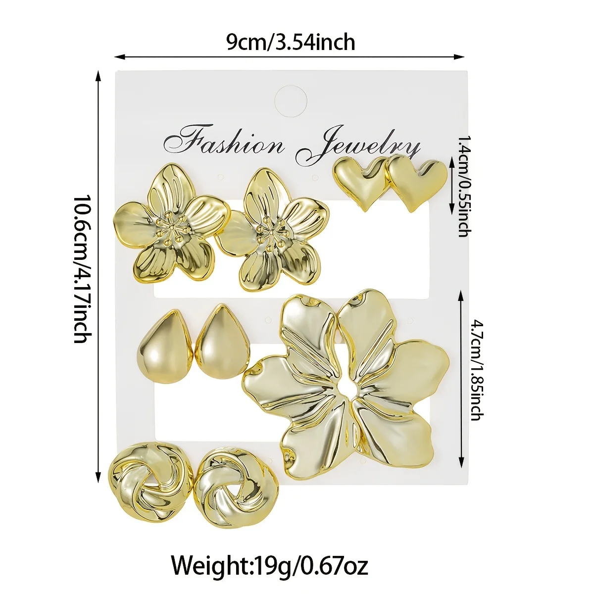 5 Pairs Fashionable Gold Smooth 5-Petal Flower, Leaf, Teardrop, Circle Wrap, Heart Stud Earrings Set, Suitable For Women's Daily