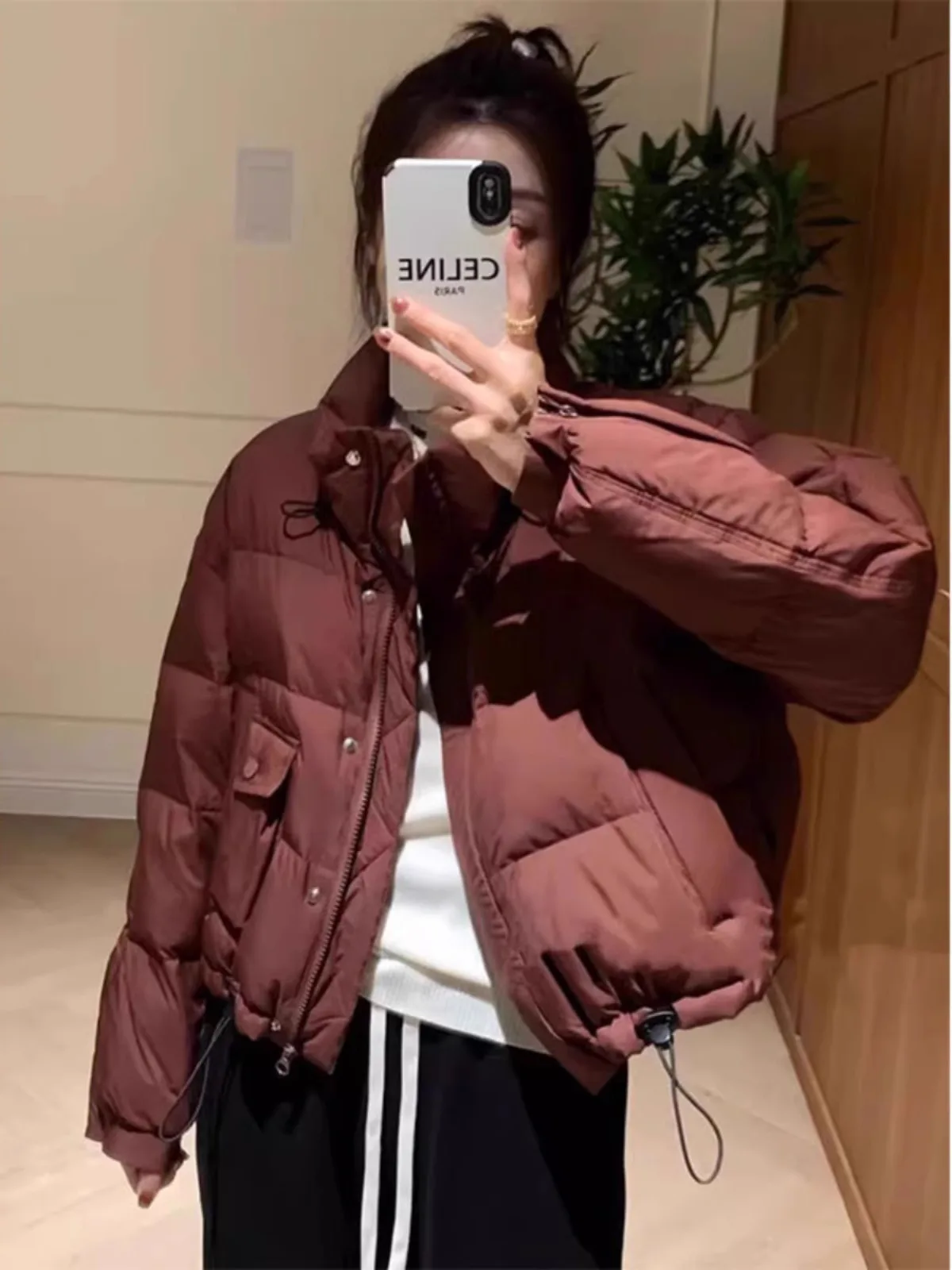 

Red ort down Cotton Jaet Women's Loose Thiened Winter Outerwear Korean Sle Commute Regular Sve Long Zipper