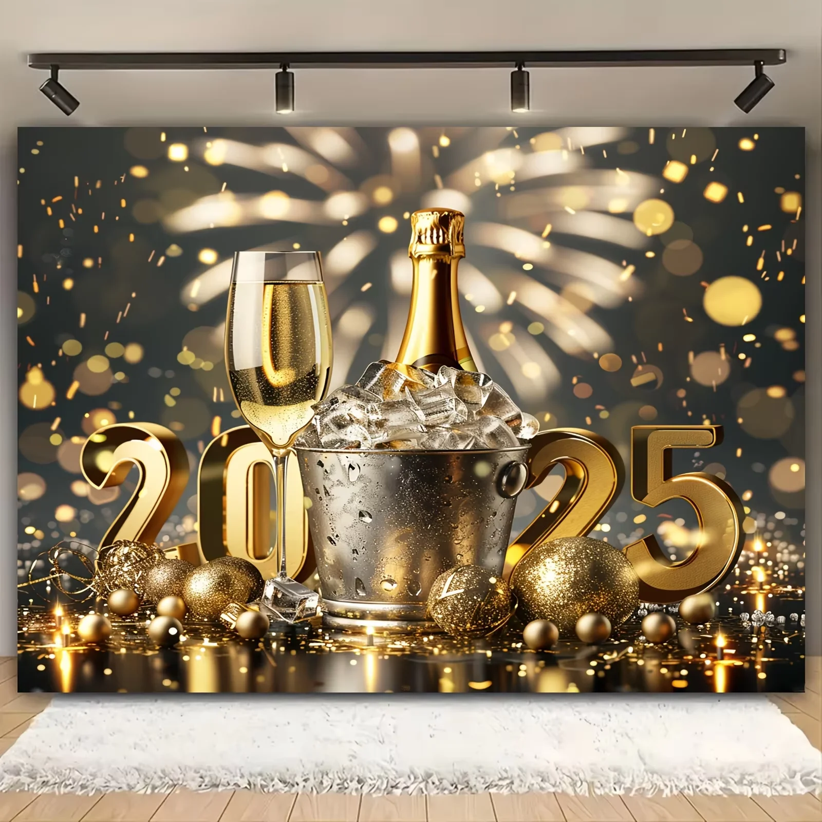 

2025 Happy New Year Party Decoration Backdrop Black Gold Glitter Golden Spot Firework Balloon Champagne Birthday Background Prop