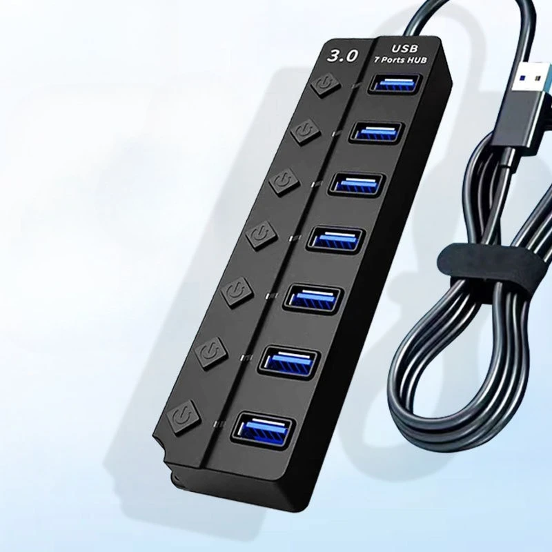 7‑Port USB 3.0 Hub Splitter with Individual Switches, High‑Speed USB Expansion Dock for Laptop & Desktop PC