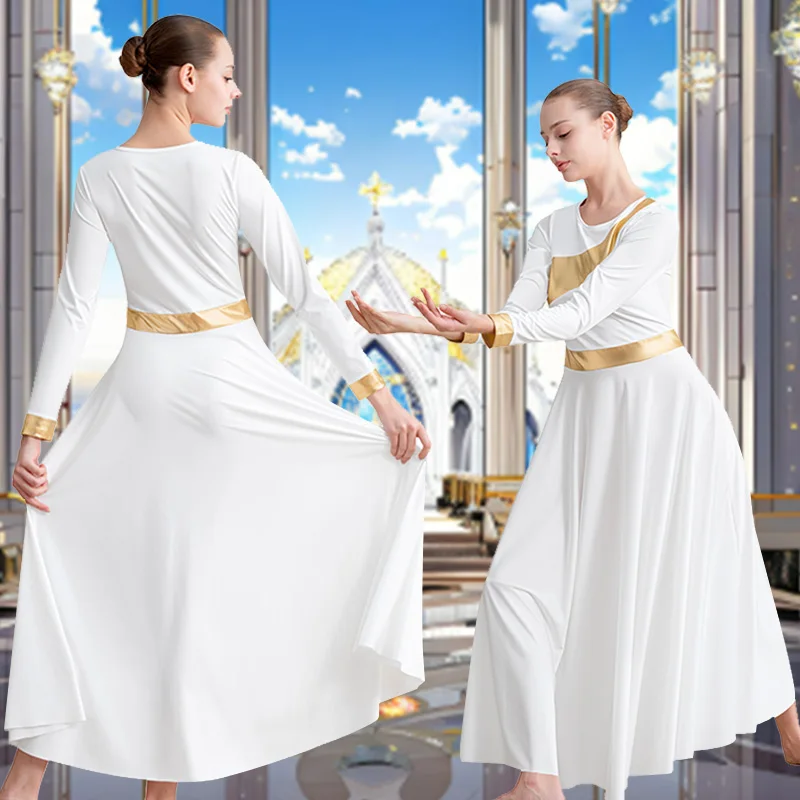 فستان رقص مدح بأكمام طويلة للنساء ذو كتلة معدنية للبالغين، تنانير ليتورجية لعبادة الكنيسة بدون فتحة وبطانة ناعمة #2
