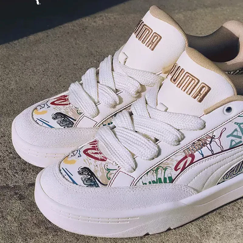 PUMA Off White Graffiti Print Suede Stitching Thick Sole Fashion Casual Skate Shoes 405258-02