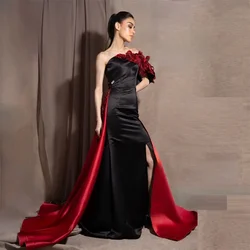 Vestido de fiesta personalizado de noche de Arabia Saudita, faldas hasta el suelo sin tirantes, espalda abierta, tul drapeado, apliques sin mangas, flujo 3D