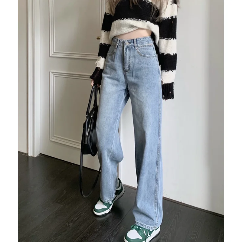 

Blue High Waist Jeans for Women Hollow Out American Vintage Fashion Streetwear Wide Leg Jean Female Trouser Baggy Denim Pants