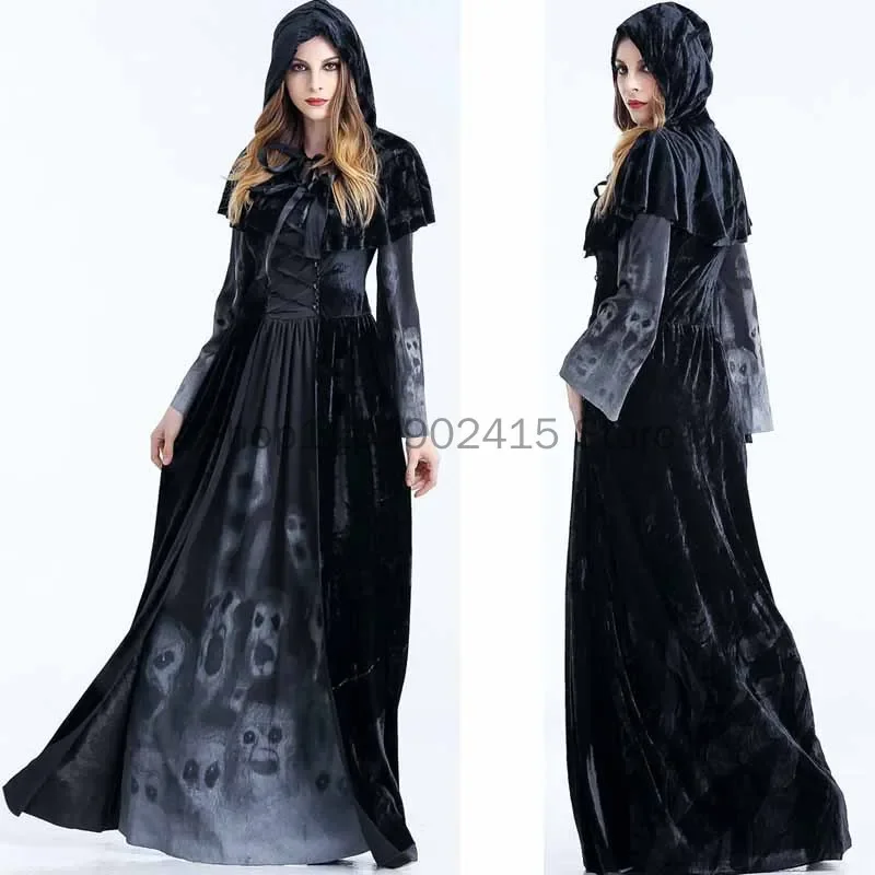 Mantello di velluto di Halloween da donna Costume cosplay medievale Fantasma nero Bambini adulti Abito con cappuccio Mantello da mago Wicca gotico Mantello da vampiro