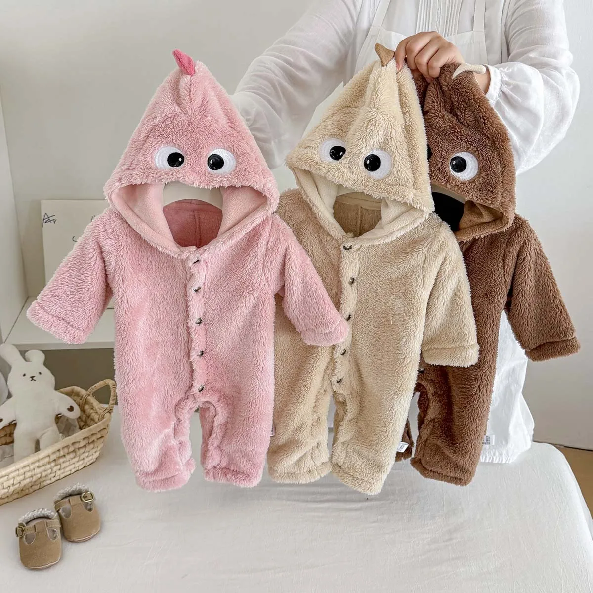 Cute Big-Eyed Monster Baby Hooded Jumpsuit, Coral Fleece Plush Autumn and Winter Warm Newborn Romper, Baby Boy and Girl Outdoor Clothing for Infants 0-18 Months