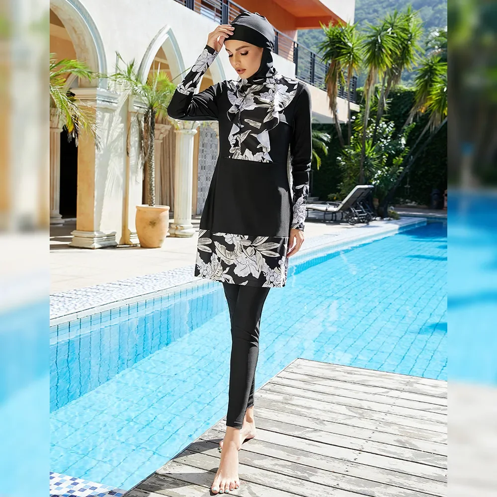 3-teiliges bescheidenes Druck-Hijab-Badeanzug-Set für Damen mit langen Ärmeln, vollständiger Abdeckung, islamische arabische Strandmode, Burkinis-Badekostüme