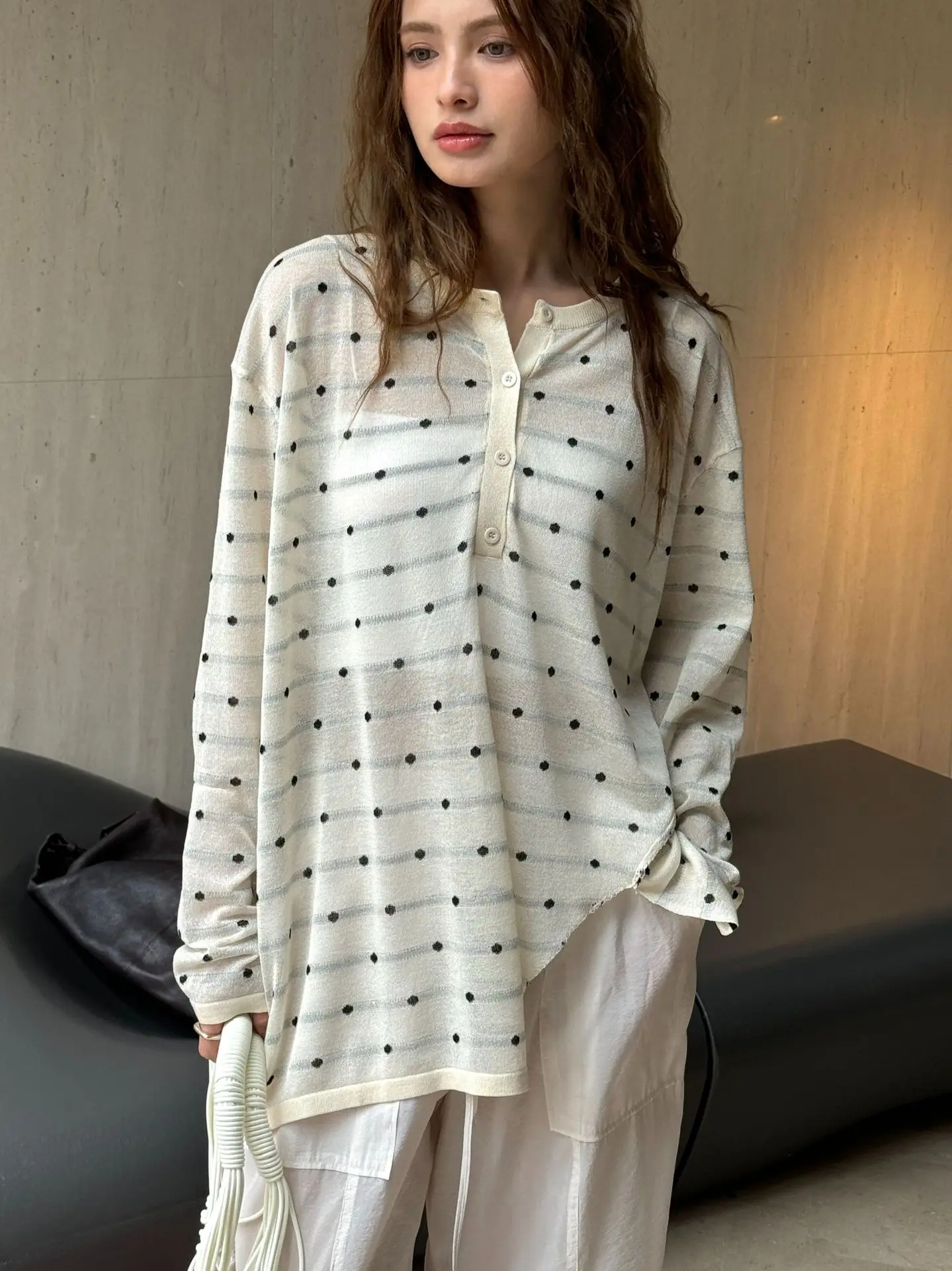 Summer women's casual polka dot round neck long sleeved loose perspective T-shirt