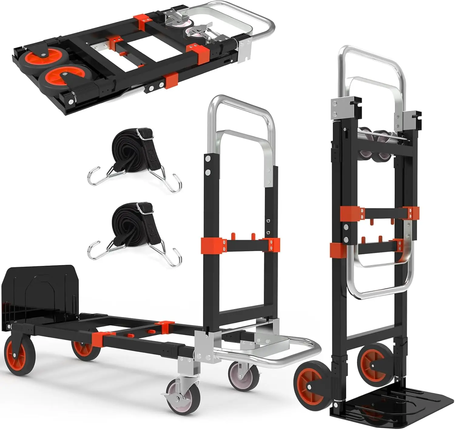 3 in 1 Heavy Duty Folding Hand Truck, Convertible Portable Steel Dolly with Telescopic Handle, Foldable Utility Cart with Rubber