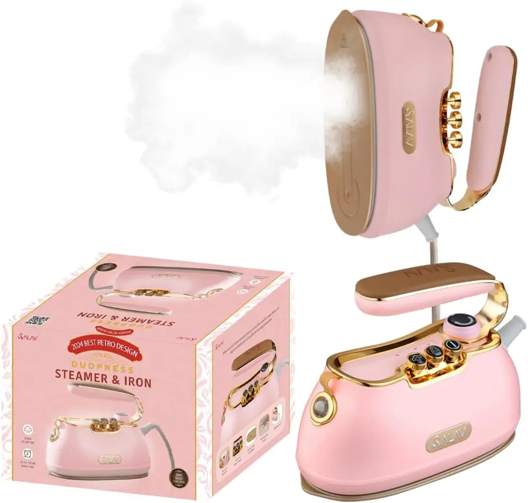 

Retro Handheld Garment Steamer + Iron, Ceramic Steam Plate, 1000 watts of Steam, Removes Wrinkles on Clothes (Rose, Steamer