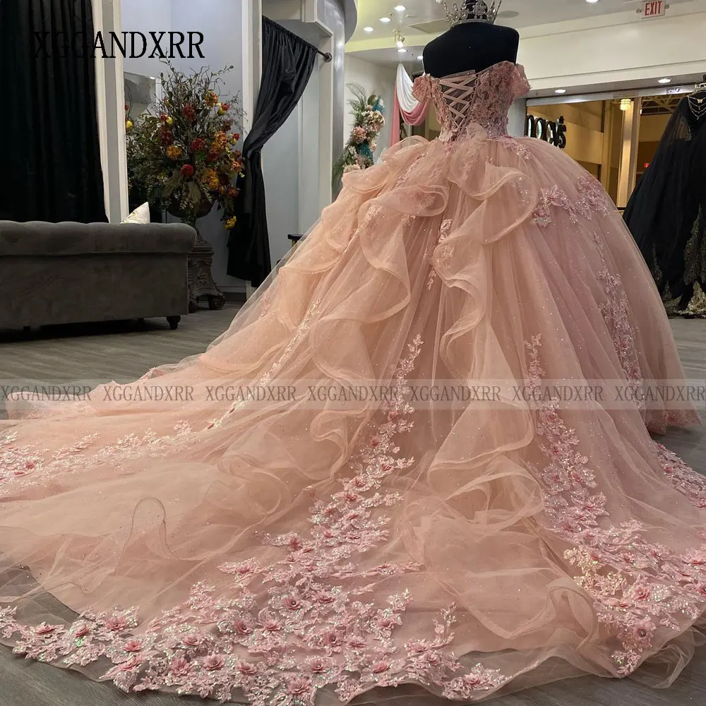 Lovely Pink Off  Shoulder Ball Gown Quinceanera Dresses 3D Flower Applique Sweet 16 15 Birthday Dress Vestido De 15 Anos Pageant