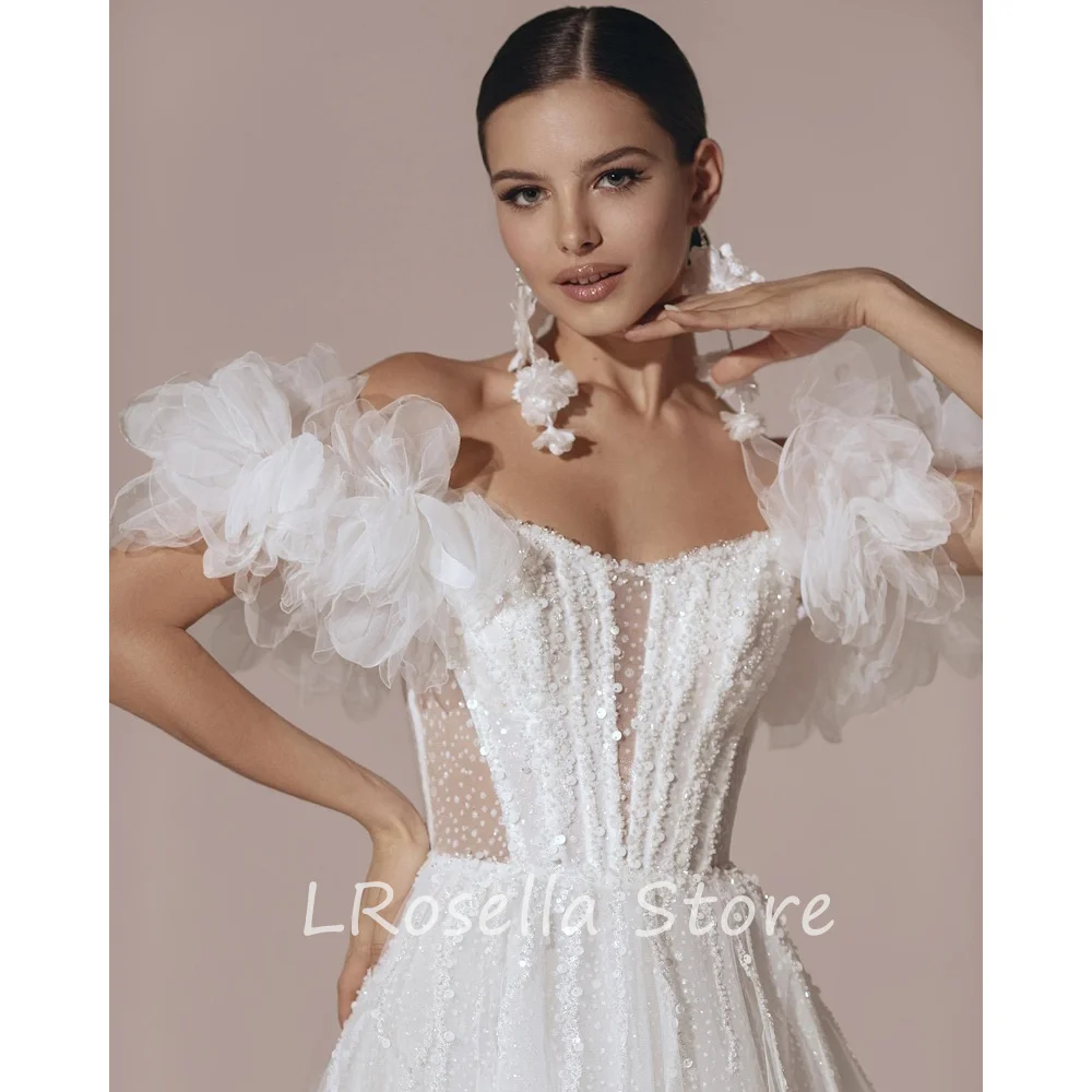 LRosella Wedding Dress Beading Off-the-shoulder Ruched A-Line Tulle Elegant Exquisite style Luxury  فساتي2024 with Sweep Train