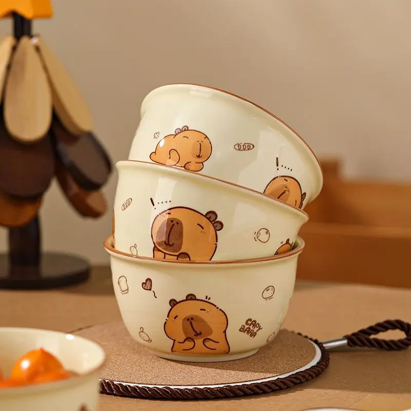4 Set Cute Capybara Ceramic Bowl Kawaii Ceramic Anti-scald Soup Bowl Home Kitchen Noodle Ramen Tableware Bowl