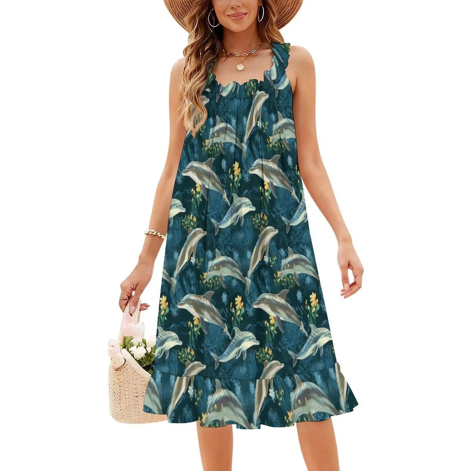 سبلاشي سي لايف-أنماط الدلفين على منتجاتنا فستان بفتحة عنق على شكل قلب فستان أنيق للحفلات الصيفية للنساء الدلافين