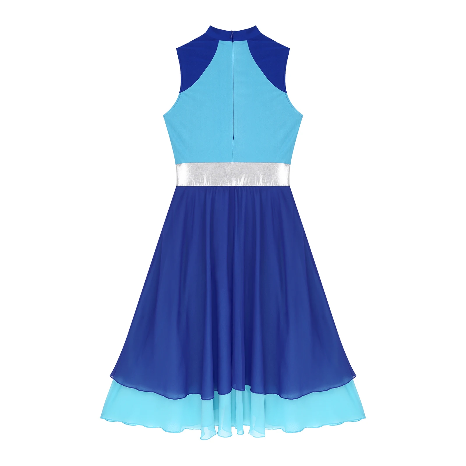 Womens Patchwork Modern Dance Dress Contemporary Color Block Sleeveless Mock Neck Split Asymmetrical Hem Dance Dress Dancewear