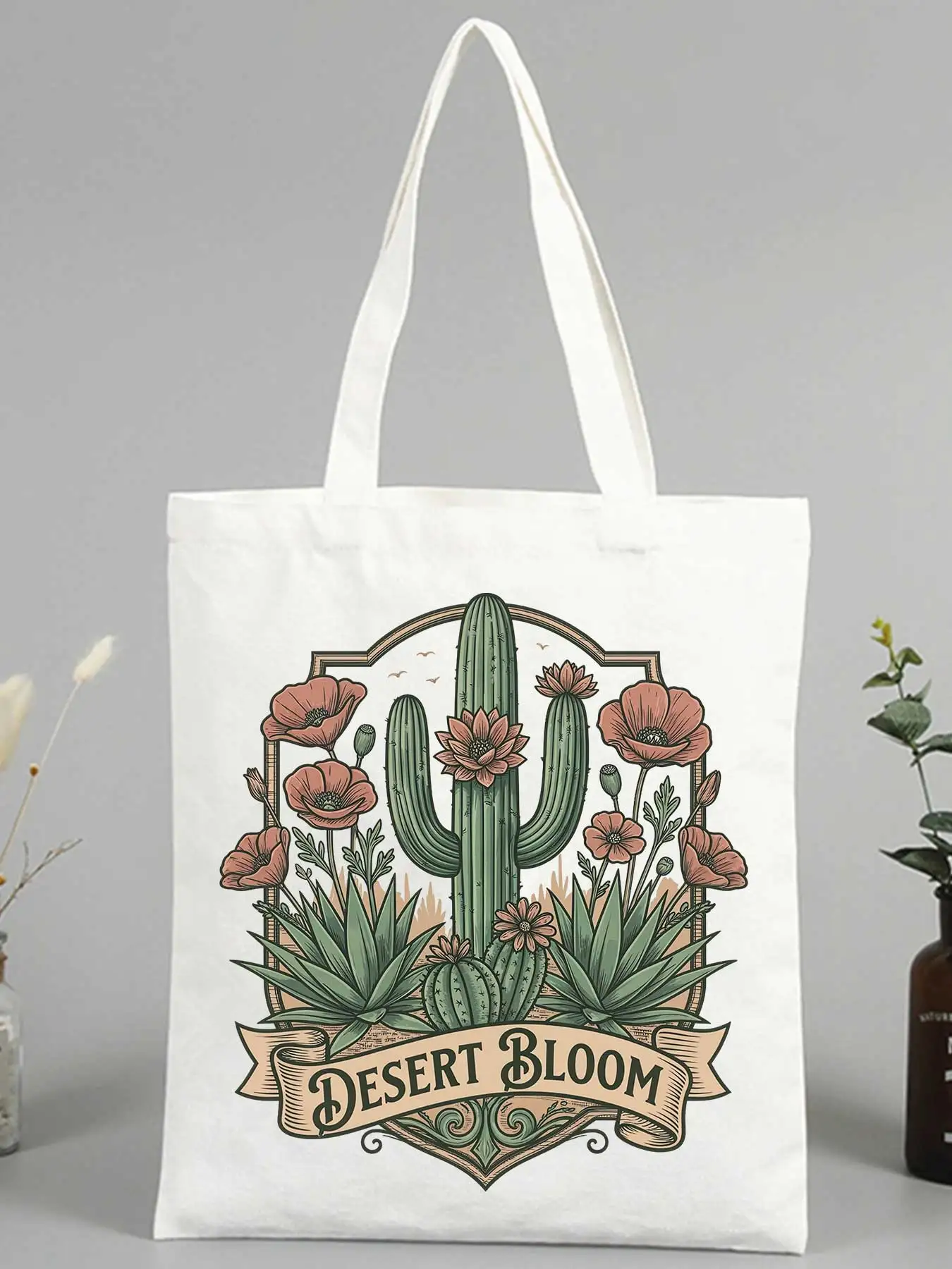 Women's desert cactus and flower print canvas tote bag, vintage style for casual shopping and daily use