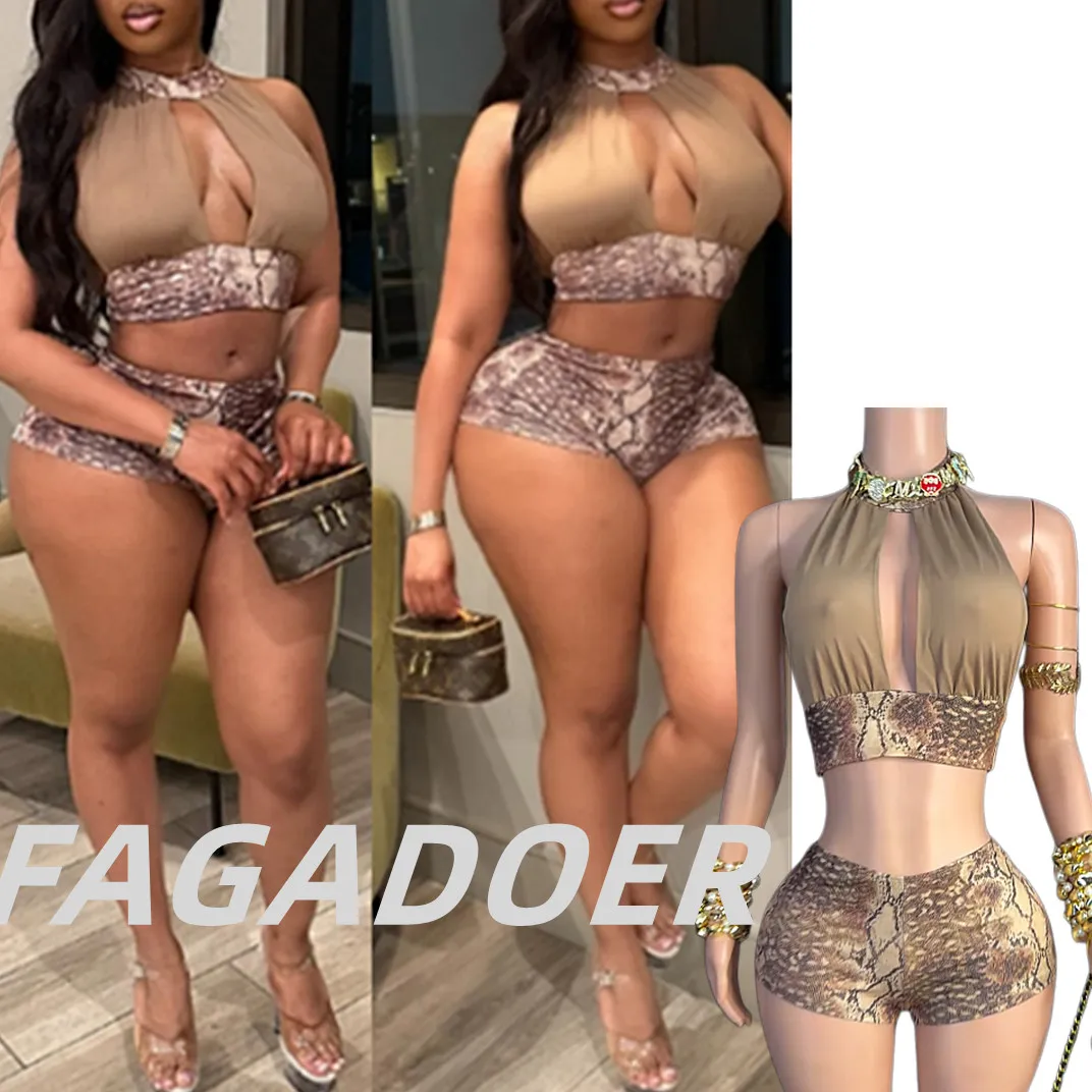 

FAGADOER Sexy Leopard Print Two Piece Outfits Woman Halter Sleeveless Backless Crop Top and Shorts Matching Female Streetwear
