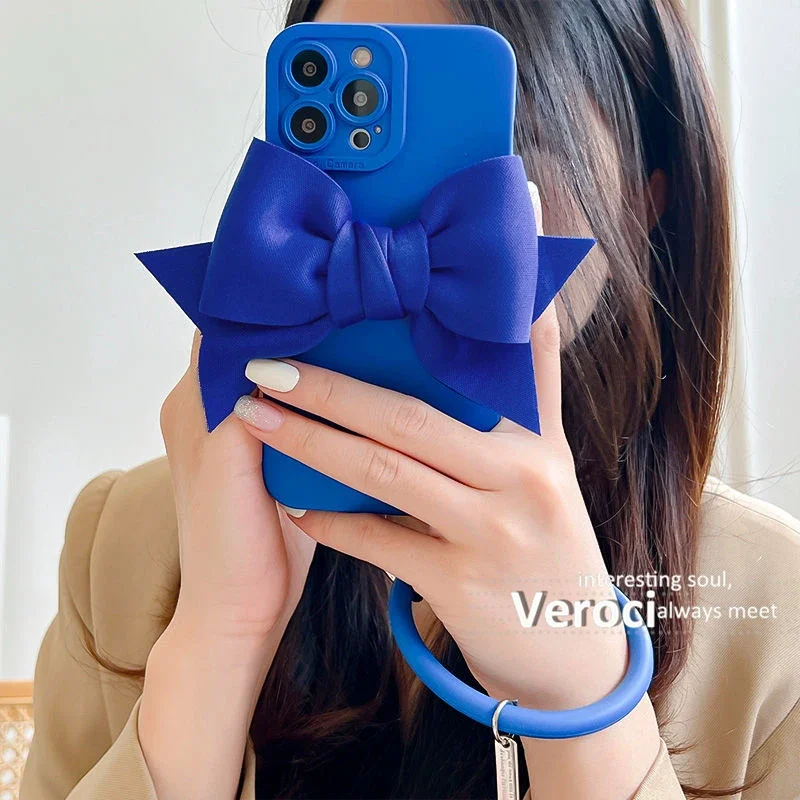 3D Blue Bow Anti-Lost Chain Phone Case For Samsung galaxy S23 S24 S22 S21 S20 Ultra Plus FE Note 20 Bracelet Cover Wrist Ring