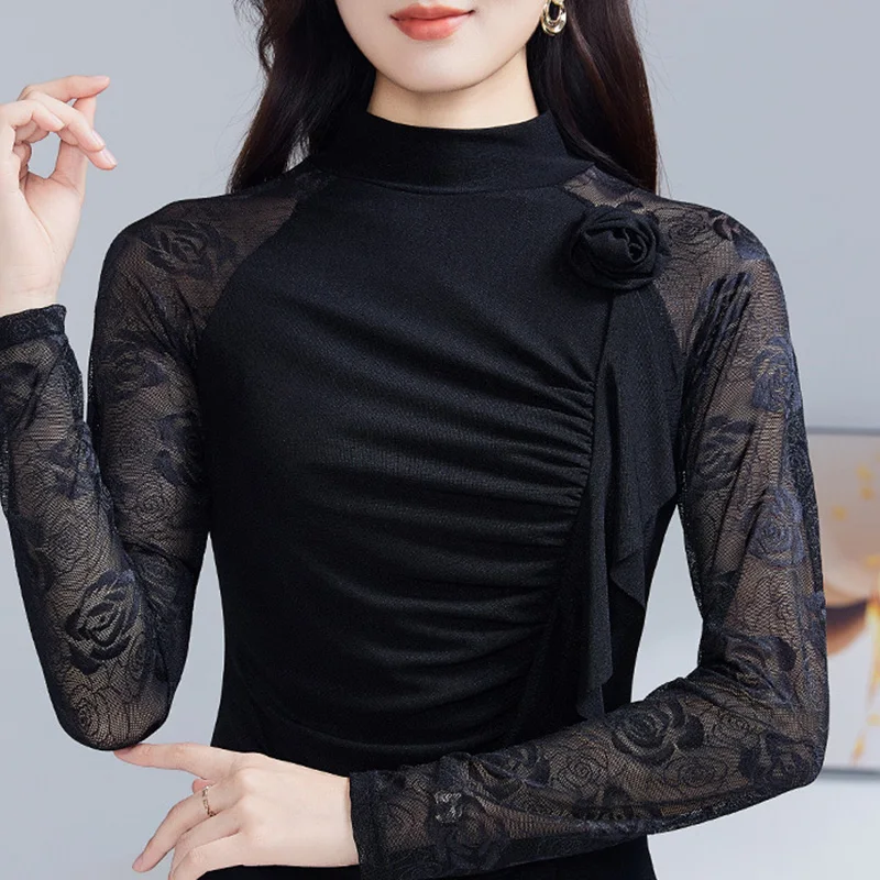 

Осенняя новая женская футболка с длинными рукавами и высоким воротом, модные повседневные лоскутные кружевные топы M-4XL, черные эластичные футболки с оборками