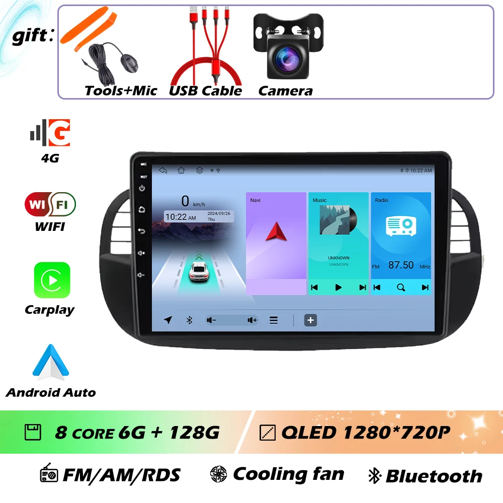 9 ''Android 16 Autoradio Stereo voor Fiat 500 2007-2015 met GPS Navigatie Stuurbediening Multimedia Carplay auto WIFI
