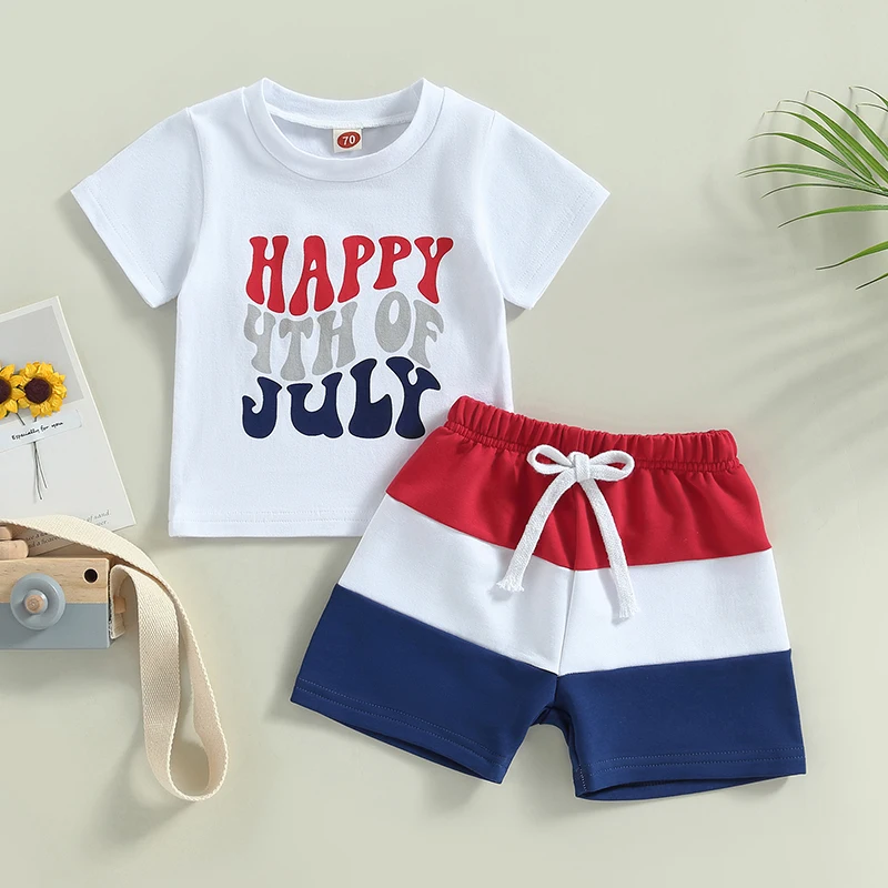 

4th of July Infant Boys Clothing Set Patriotic American Flag Print Short Sleeve Shirt and Elastic Waist Shorts for Summer