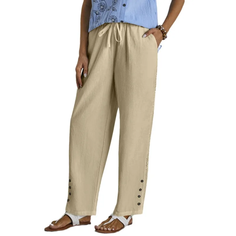 Women Linen Blend Drawstring Casual Pants Loose Straight Leg Trousers With Pockets And Button Decorations