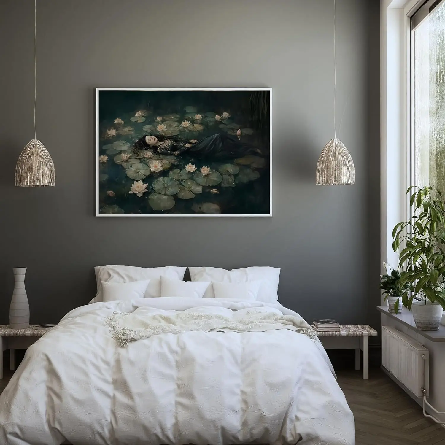 

Retro Female Wall Art, Dark Academy Pictures, Gothic Victorian Women in Lily Lake Canvas, Modern Home Decoration Paintings