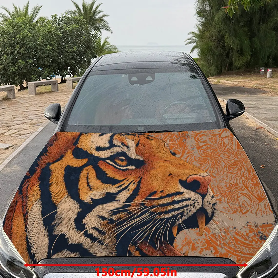 Car Decal Tiger with Artistic Patterned Background - Wild Stylish Aesthetic Car Hood Sticker, Waterproof Self - Adhesive PVC Gra