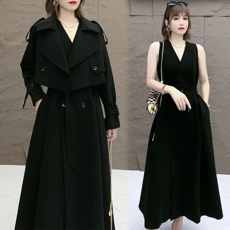 Korean Casual 2 Piece Set Dress For Women Spring Autumn New Joker Fashion Long-Sleeved Coat+ A-line Vest Skirt Lady Office Dress