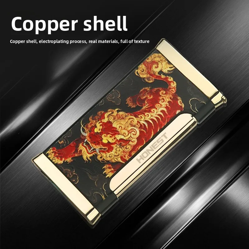 Thangka Wealth Deity Lighter, Slim Gold Black Metal Shell, Tibetan Art Print, Resonant Flip Sound, Windproof Jet Flame