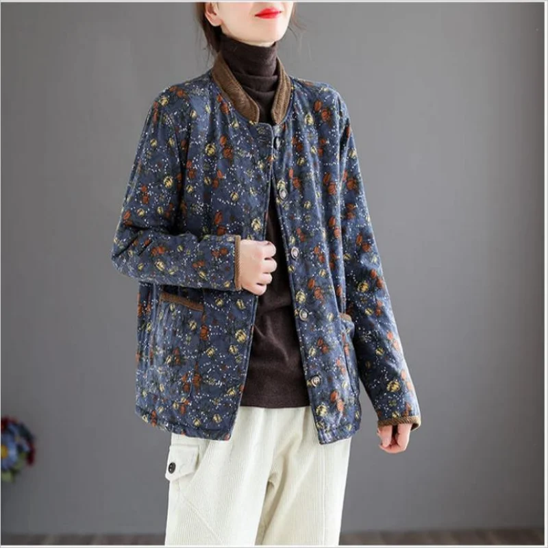 Women Vintage Stand Loose Print Floral Jacket Cotton Linen Long Sleeve Padded Coats 2024 Winter New Chinese Style Coat