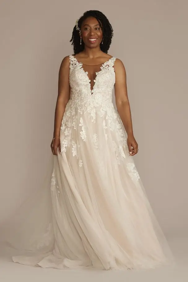 

sweep train three-dimensional flowers A-line open-back gorgeous beaded illusion plunge v-neck trail lace appliques wedding gown