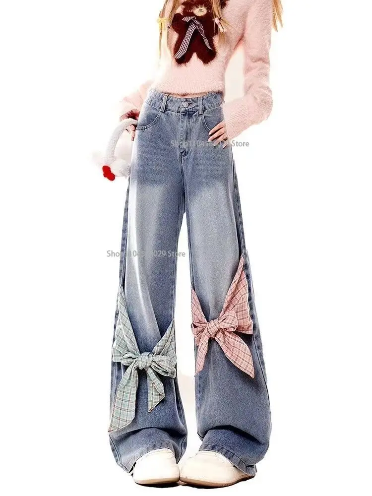 

New American retro gothic checkered patchwork women jeans with bow tie and loose bandwidth Y2k streetwear wide leg pants