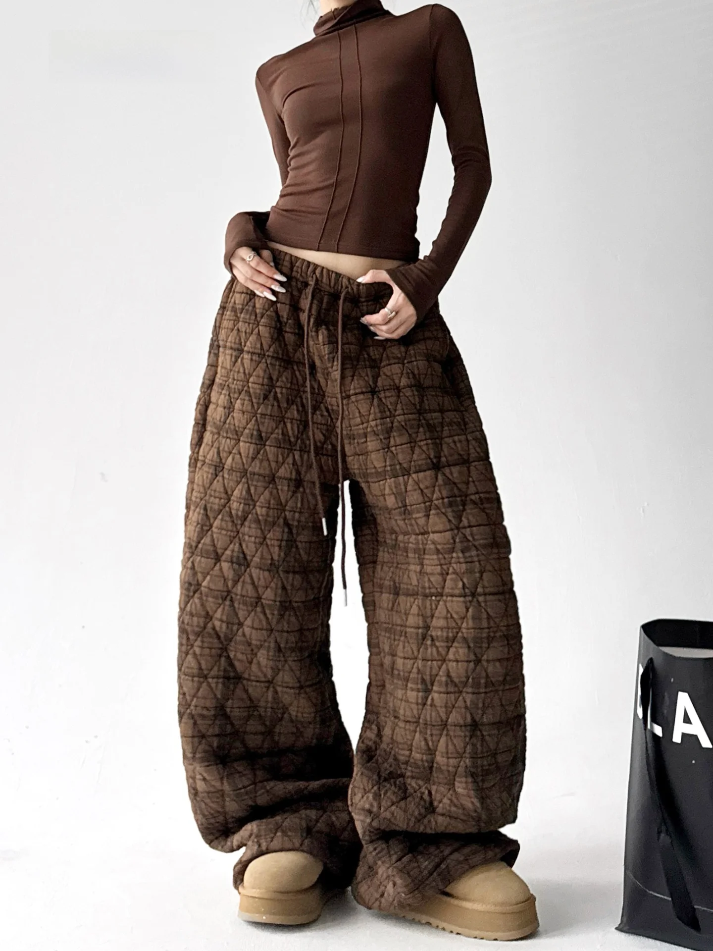 

Женские теплые зимние брюки-джоггеры из хлопковой смеси в клетку, широкие, с эффектом утягивания, повседневные, в стиле ретро, с завышенной талией