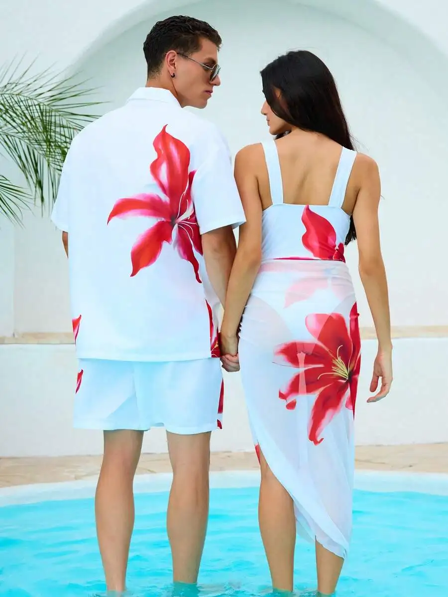 

Mens Floral Print Short Sleeve Shirt And Shorts Beach Set Womens Floral Cover Up Dress