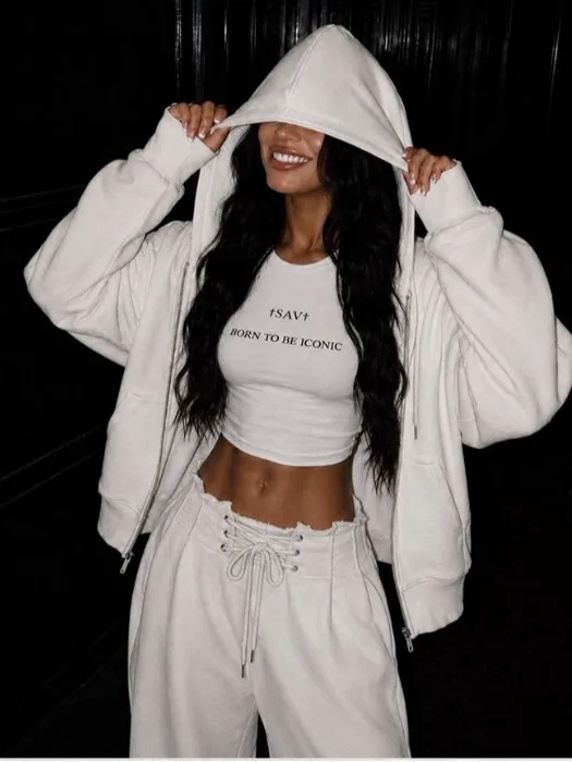 Sporty Two-Piece Set with Shoulder Baring Hoodie Jacket And High Waist Wide Leg Pants for Women Autumn New Style Korean Fashion