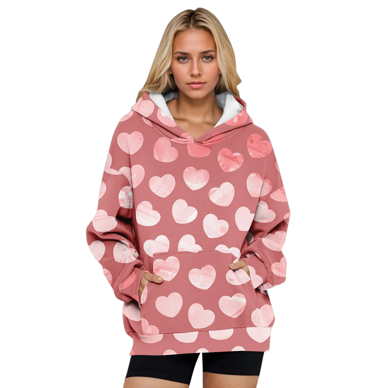 Couple Oversized Heart Printed Fashion Hoodies Long Sleeve Casual Pullover Fall Pocket Sweatshirt