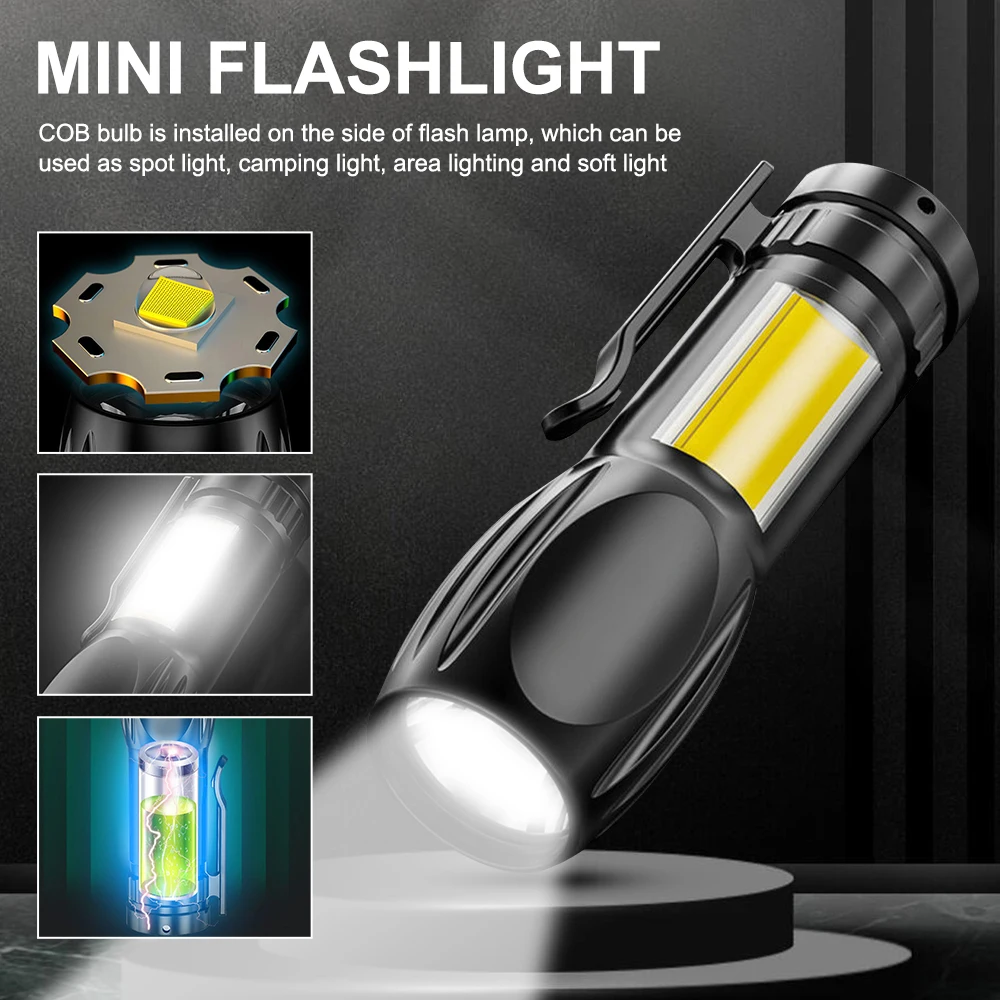 USB Portable LED Rechargeable Flashlight 3 Lighting Modes Long Range Camping Light Mini Torch Waterproof Built In Battery